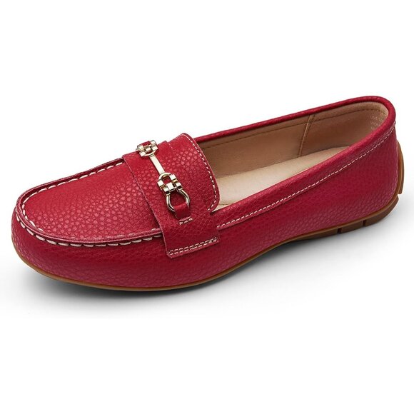Kordal Women's Red Leather Gold Accent Buckle Slip-Ons Walking Flats Loafers - Picture 2 of 9